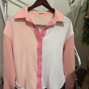Staccato Pink and White Color Block Button Down Shirt